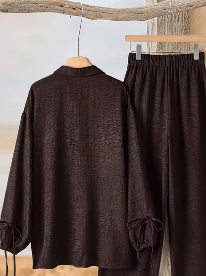 Women’s Solid Button-Down Shirt & Pant Set