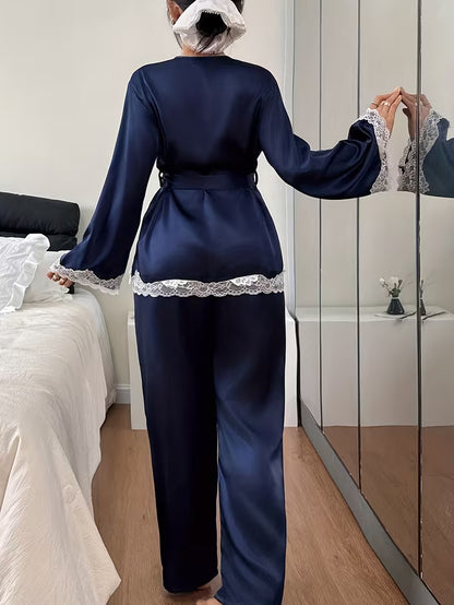 Elegant Lace Trim Robe & Pajama Set