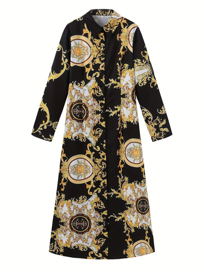 Tribal Print Lapel Button-Front Dress
