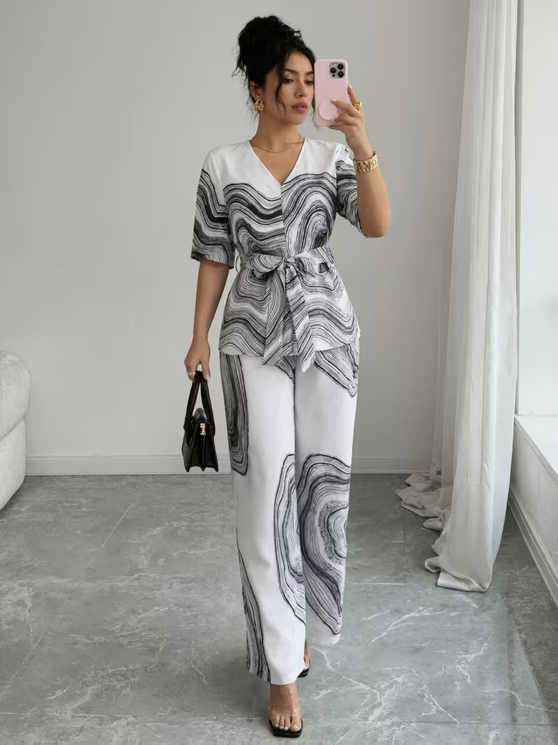 Women's Premium Abstract Printed Top & Wide Leg Pants Set