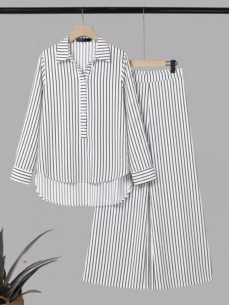 Women's Striped 2-Piece Co-Ord Set | Long Sleeve Shirt & Straight Pants