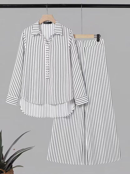 Women's Striped 2-Piece Co-Ord Set | Long Sleeve Shirt & Straight Pants