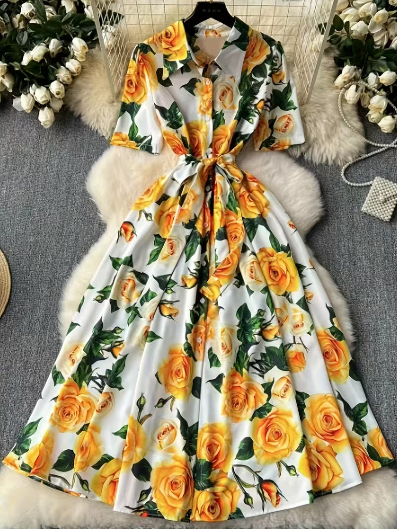 Women's Premium Floral Belted Midi Dress