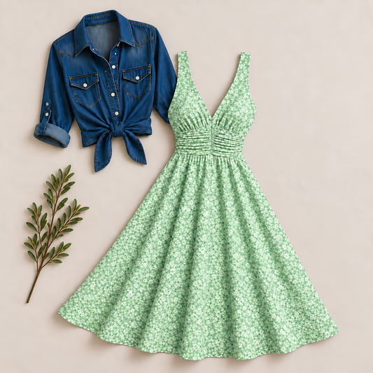 Women’s Printed Dress with Denim Shirt Set