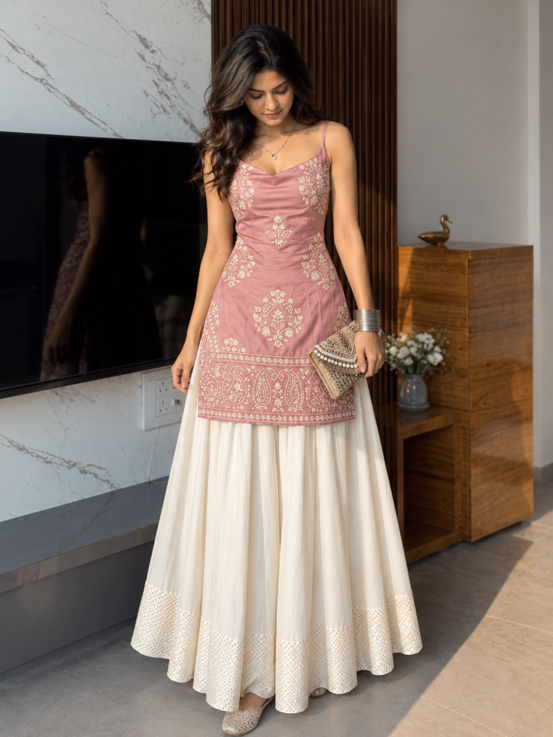 Women’s Embroidered Kurti & Flared Skirt Set