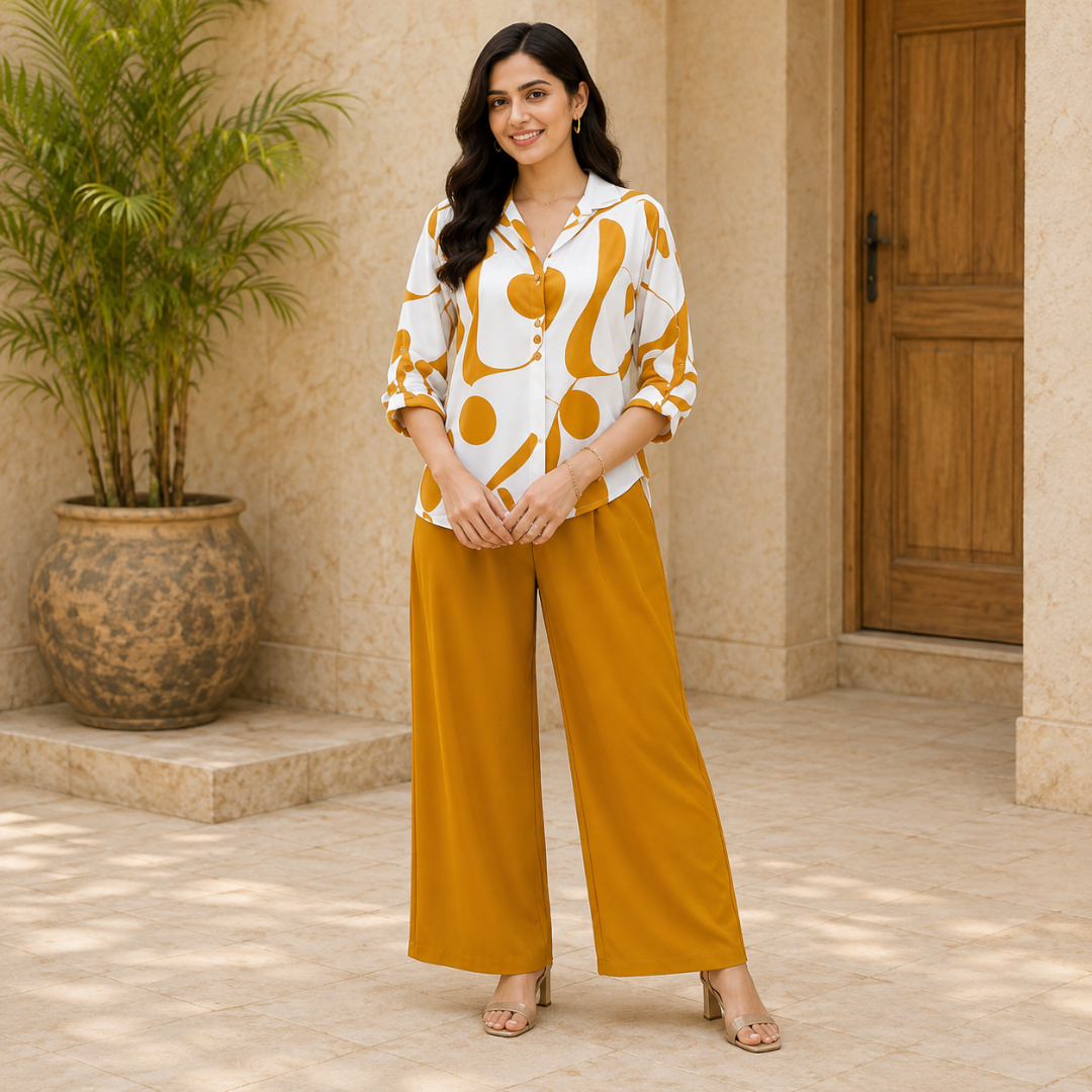 Elegant Abstract Print Shirt & Wide-Leg Pants Set