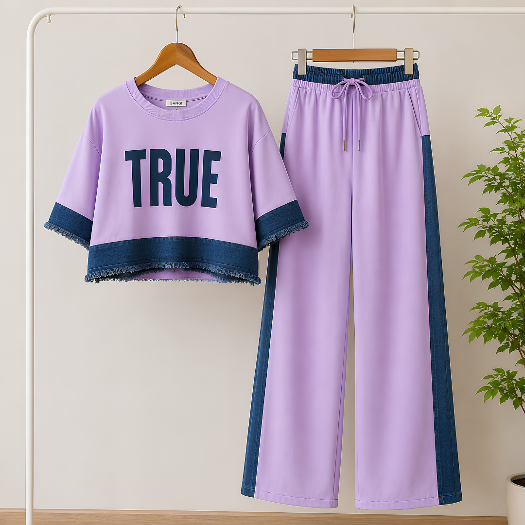 Women's Denim Patchwork 2-Piece Co-Ord Set | Premium Top & Straight-Leg Pants