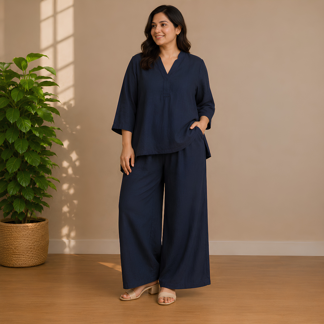 Elegant Black Kaftan Top & Wide-Leg Pants Set