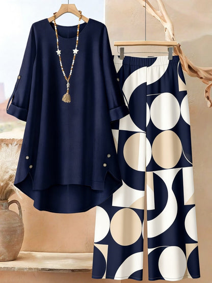 Featuring Persian Floral Print Design, Crew Neck, Dipped Hem, Suitable for Everyday Casual Wear, Comfortable and Stylish