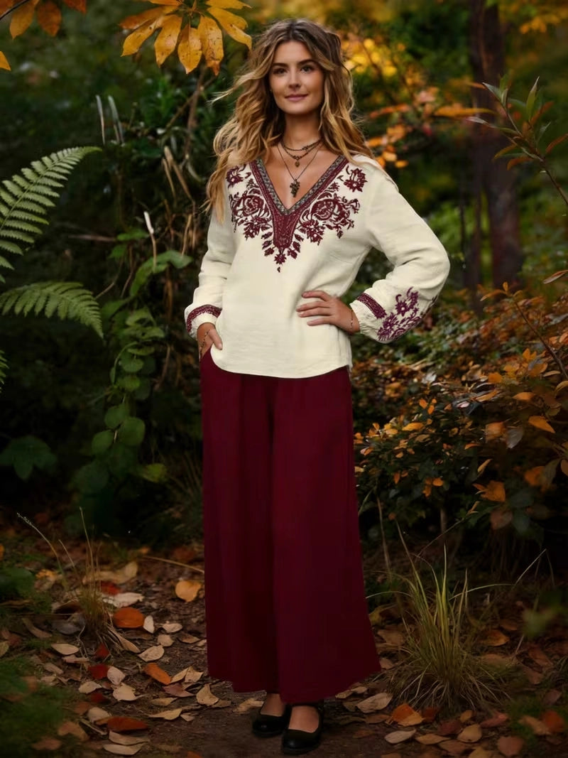 Women's Vintage Floral V-Neck Co-Ord Set with Relaxed Wide-Leg Pants