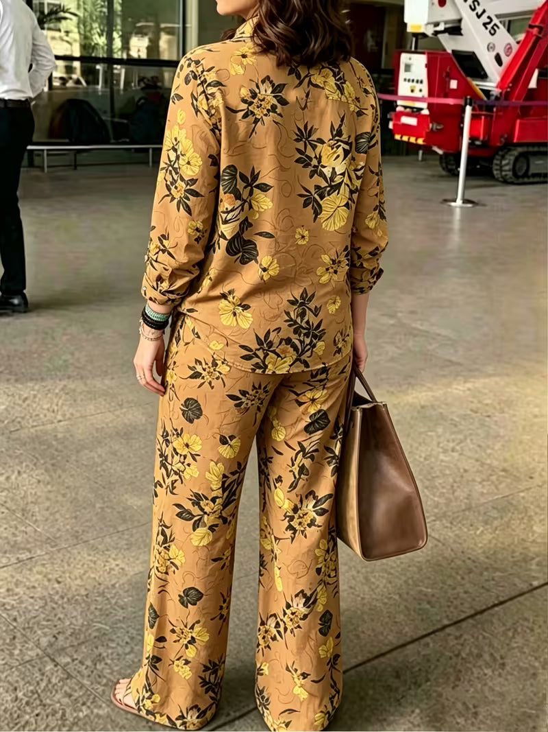 Women's Vintage Floral 2-Piece Co-Ord Set | Botanical Shirt & Straight-Leg Pants