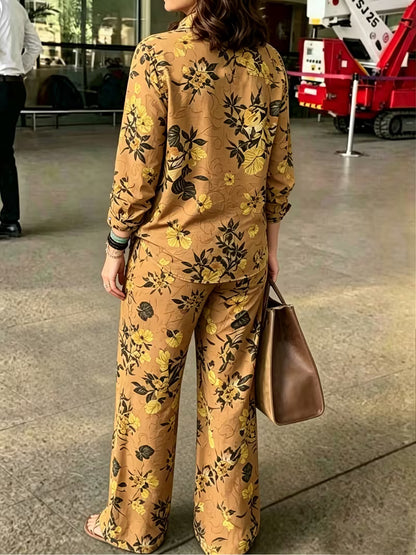 Women's Vintage Floral 2-Piece Co-Ord Set | Botanical Shirt & Straight-Leg Pants
