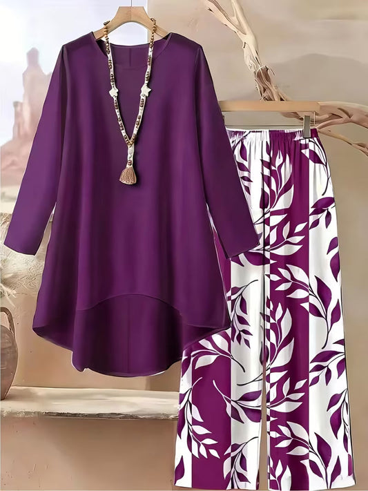 Elegant Leaf Print High-Low Co-Ord Set