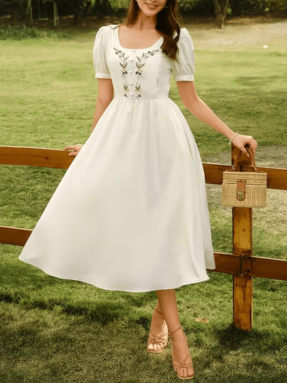 Women's Vintage Floral Puff Sleeve Midi Dress