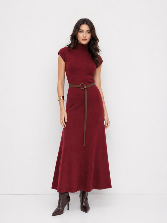 Women's Premium Belted Mock Neck Maxi Dress