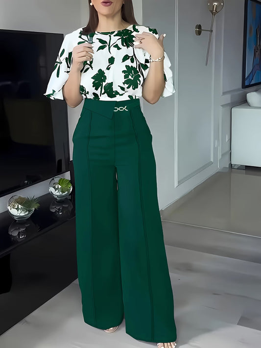 Women's Elegant Printed Shirt & Relaxed Pants Two-Piece Set