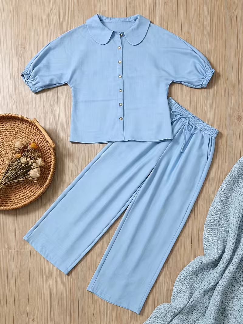 Women's Peter Pan Collar 2-Piece Co-Ord Set | Elegant Shirt & Wide-Leg Pants