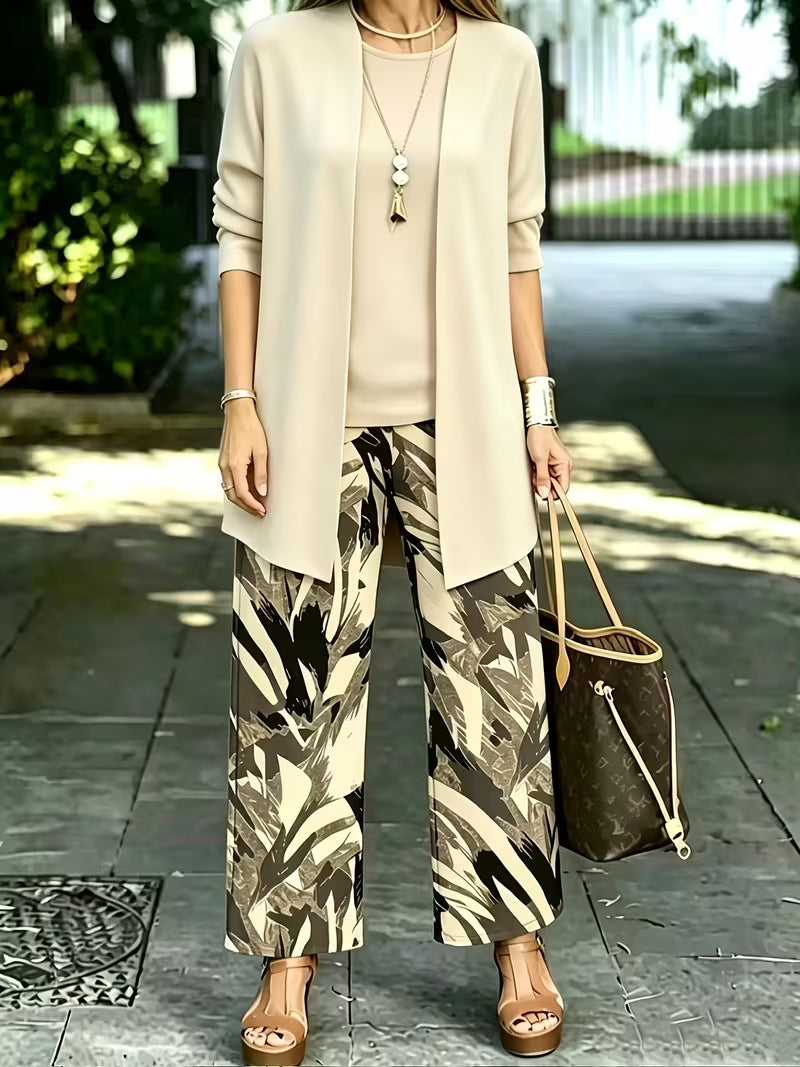 Women's 3-Piece Printed Co-Ord Set | Cardigan, Tank Top & Wide-Leg Pants