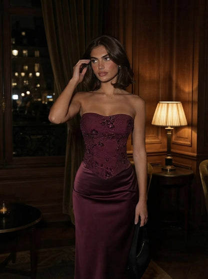 Floral Embellished Corset Top & Satin Mermaid Maxi Skirt Set