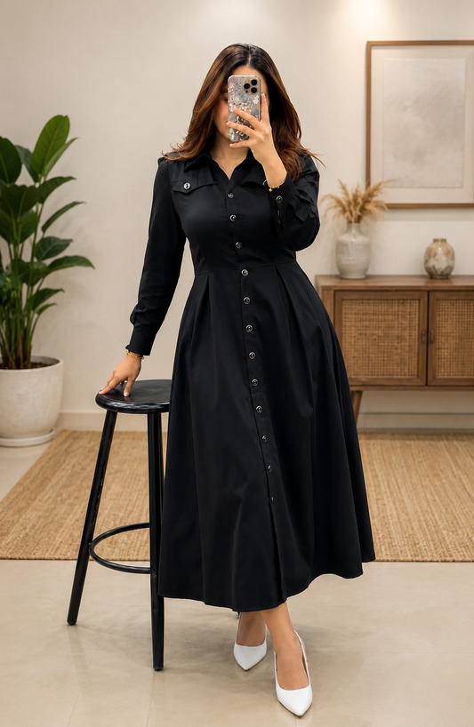 Women's Premium Button Front Flared Midi Dress