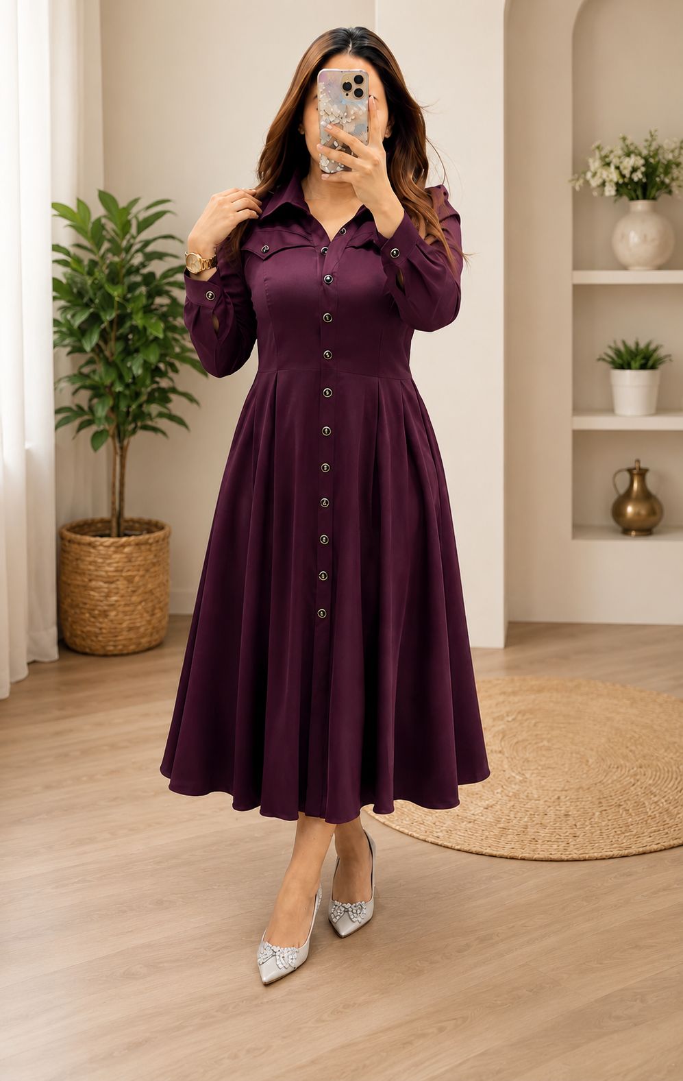 Women's Premium Button Front Flared Midi Dress