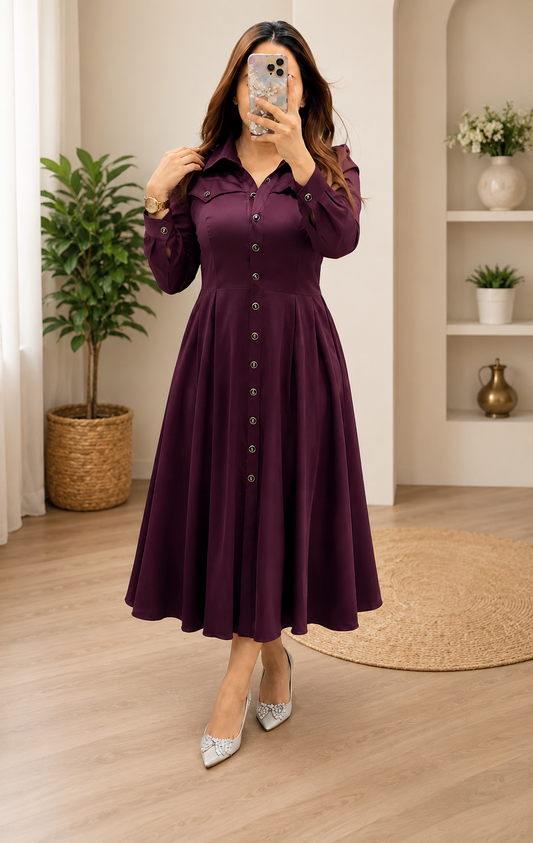 Women's Premium Button Front Flared Midi Dress