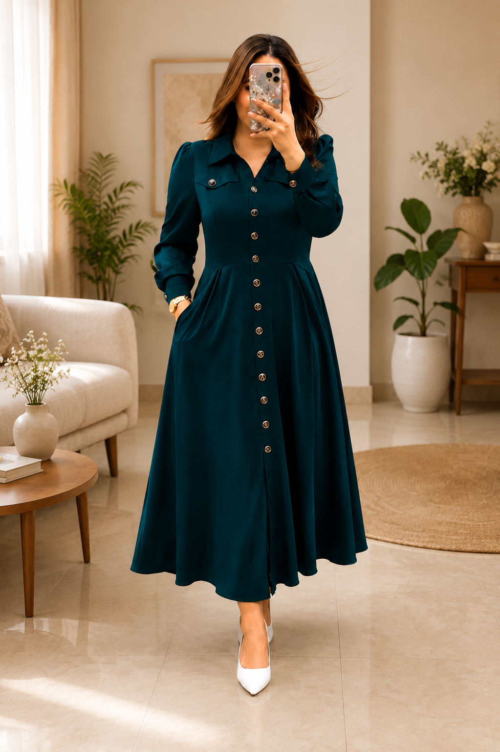 Women's Premium Button Front Flared Midi Dress