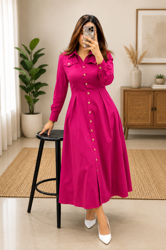 Women's Premium Button Front Flared Midi Dress