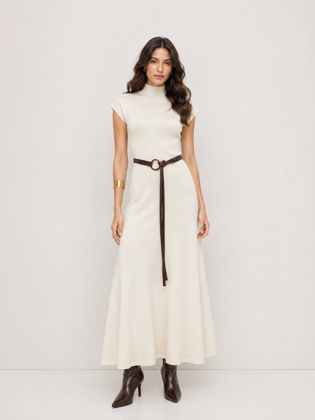 Women's Premium Belted Mock Neck Maxi Dress