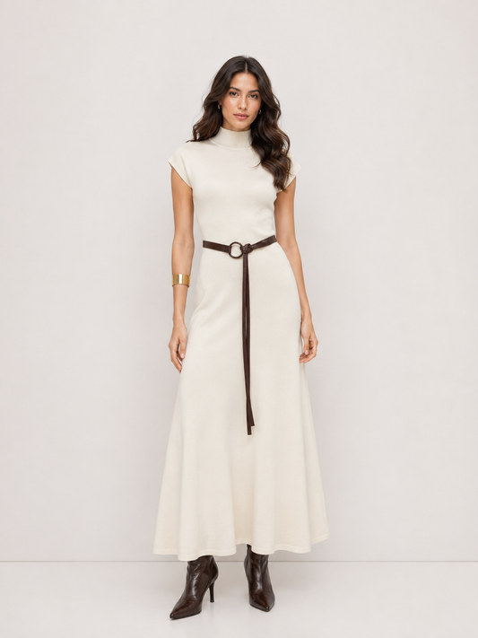 Women's Premium Belted Mock Neck Maxi Dress
