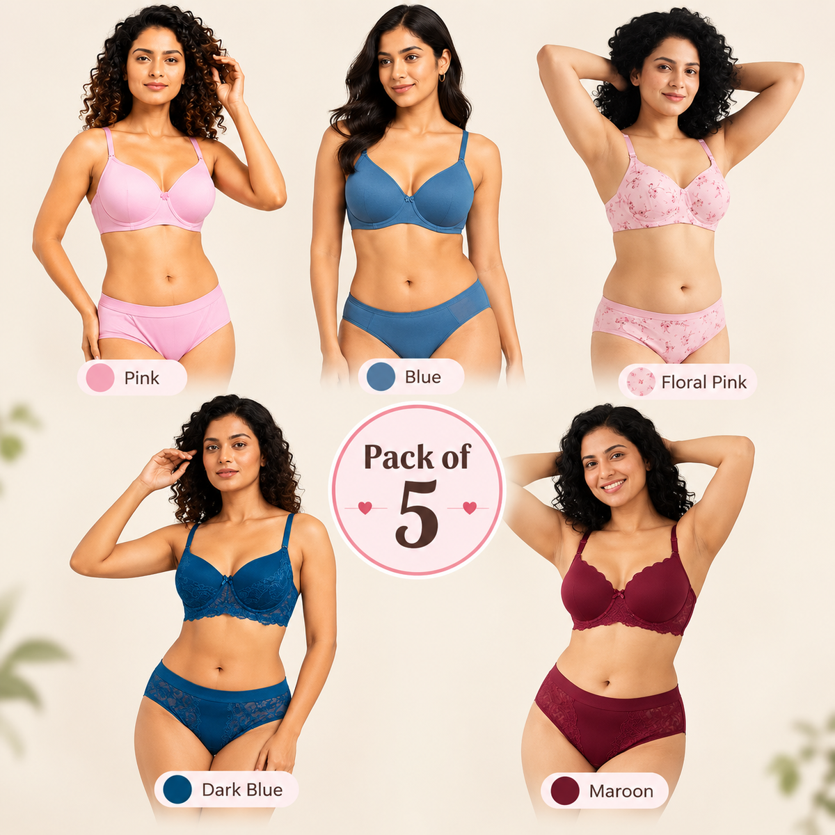 Pack of 5 Women’s Lace Bra & Panty Sets