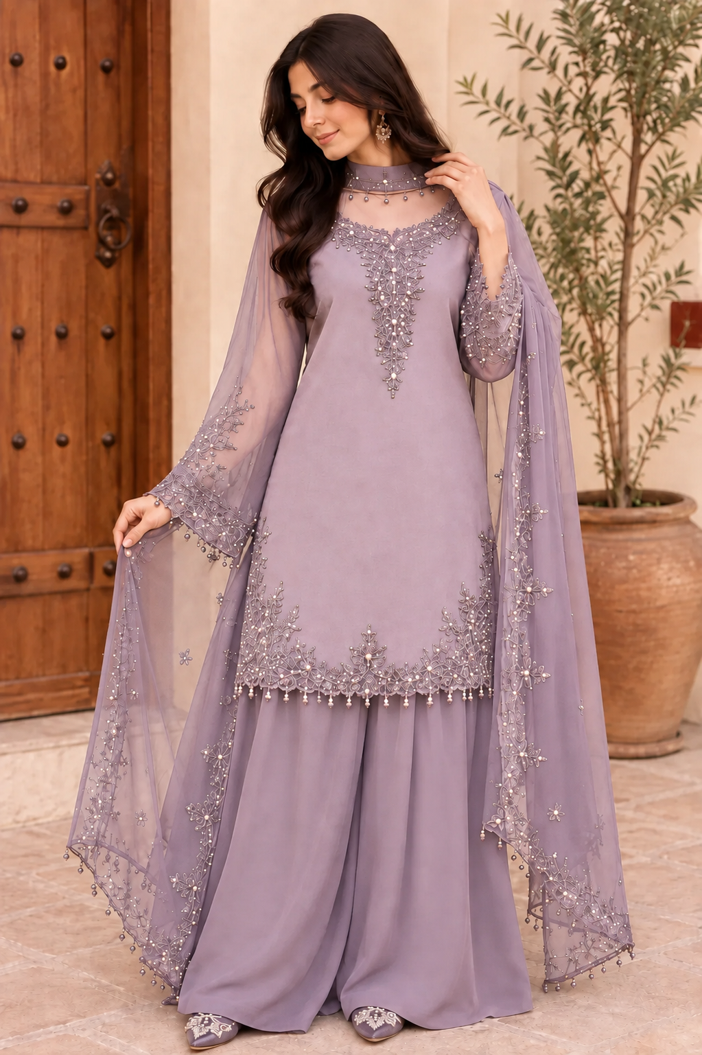 Women’s Embroidered Kurta Palazzo & Dupatta Set