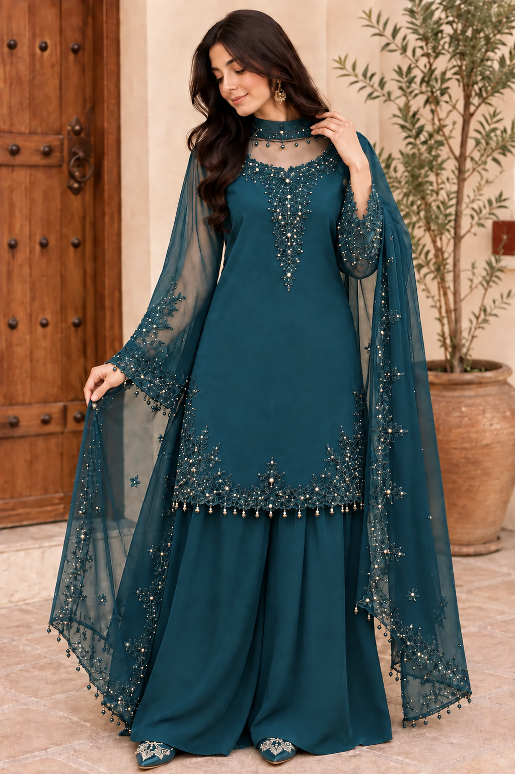 Women’s Embroidered Kurta Palazzo & Dupatta Set