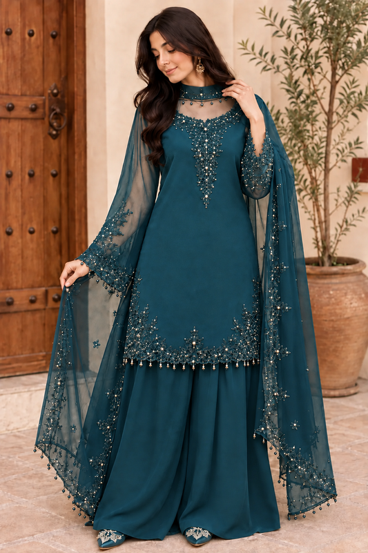 Women’s Embroidered Kurta Palazzo & Dupatta Set
