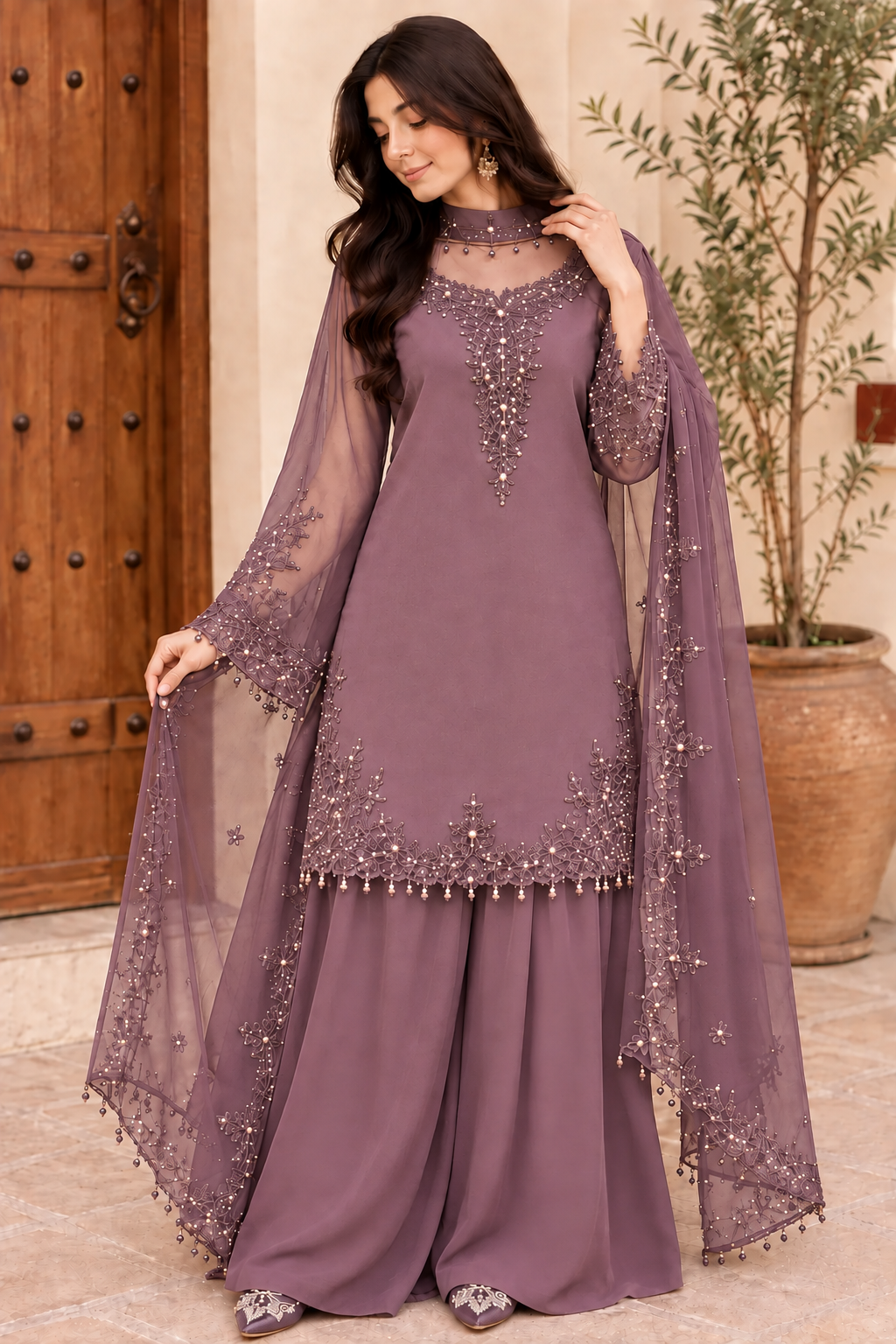 Women’s Embroidered Kurta Palazzo & Dupatta Set
