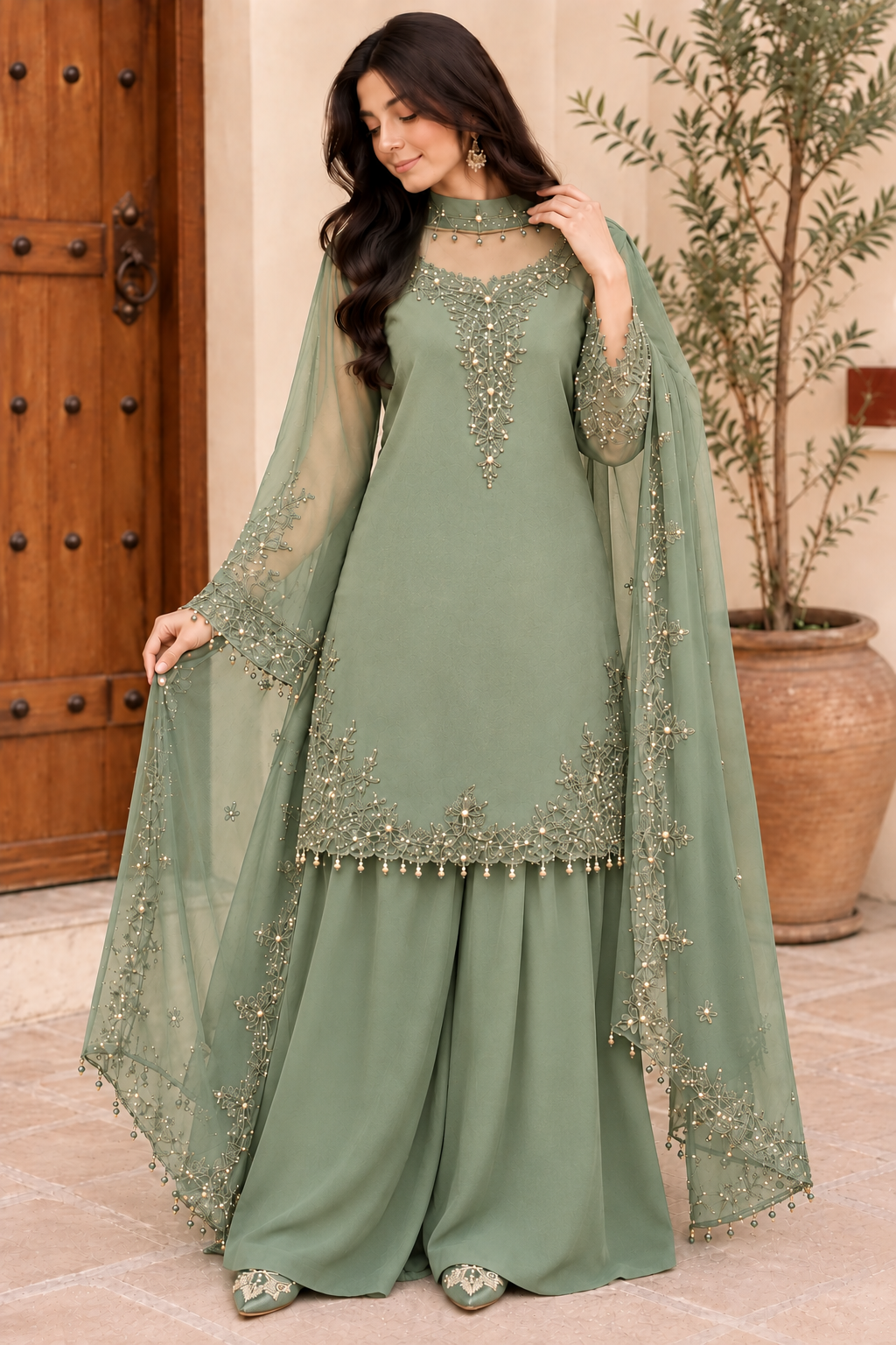 Women’s Embroidered Kurta Palazzo & Dupatta Set