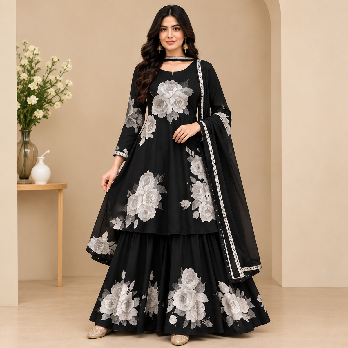 Women’s Embroidered Anarkali Sharara Set