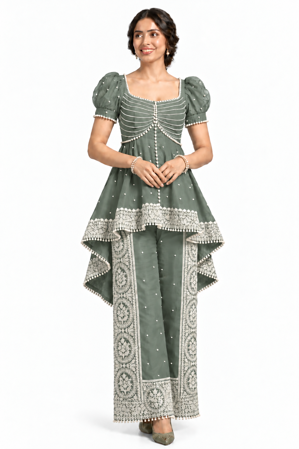 Women’s Embroidered Peplum Top & Printed Palazzo Set