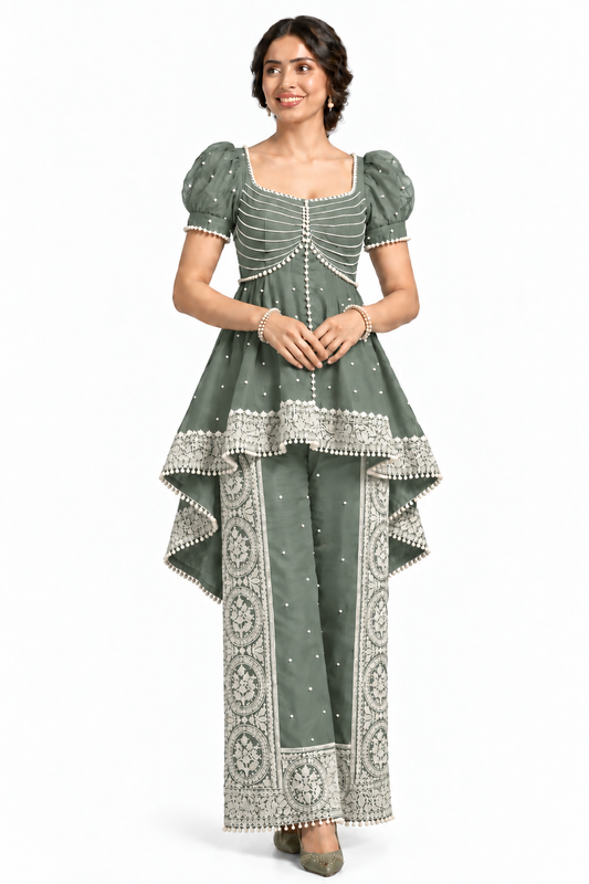 Women’s Embroidered Peplum Top & Printed Palazzo Set