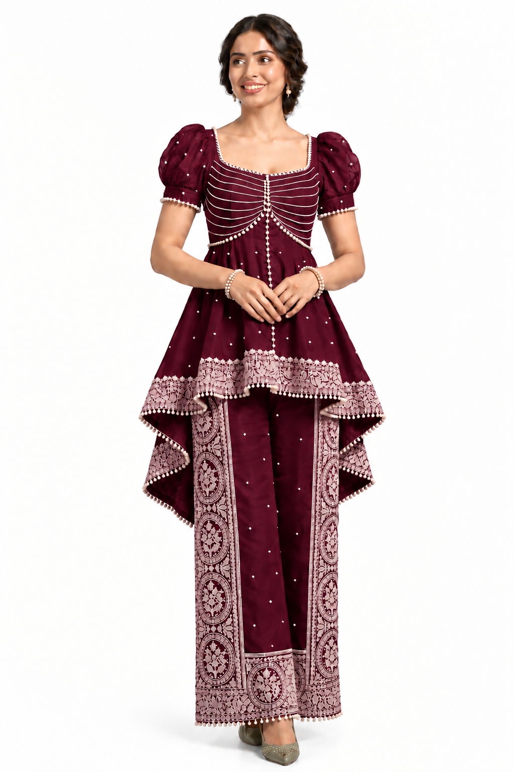 Women’s Embroidered Peplum Top & Printed Palazzo Set