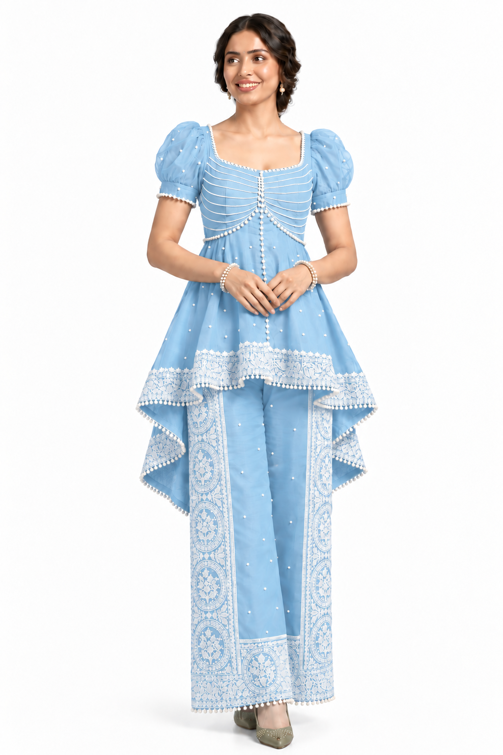 Women’s Embroidered Peplum Top & Printed Palazzo Set