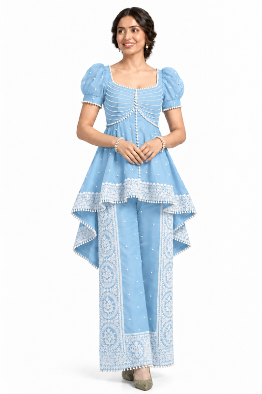 Women’s Embroidered Peplum Top & Printed Palazzo Set