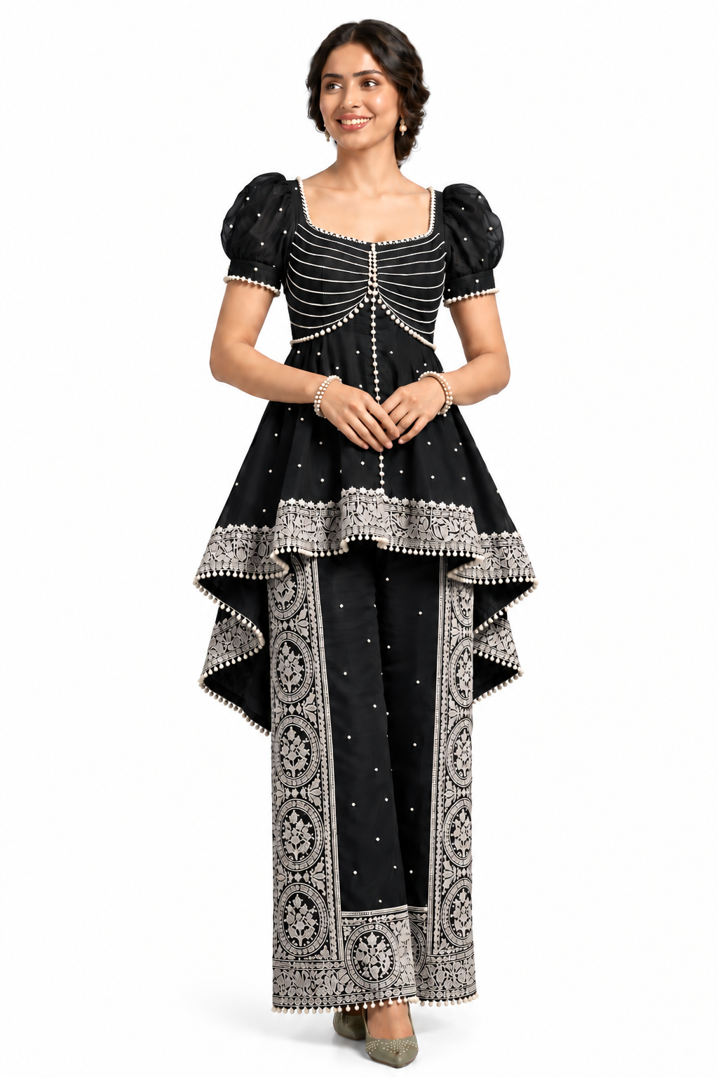 Women’s Embroidered Peplum Top & Printed Palazzo Set