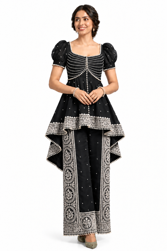 Women’s Embroidered Peplum Top & Printed Palazzo Set