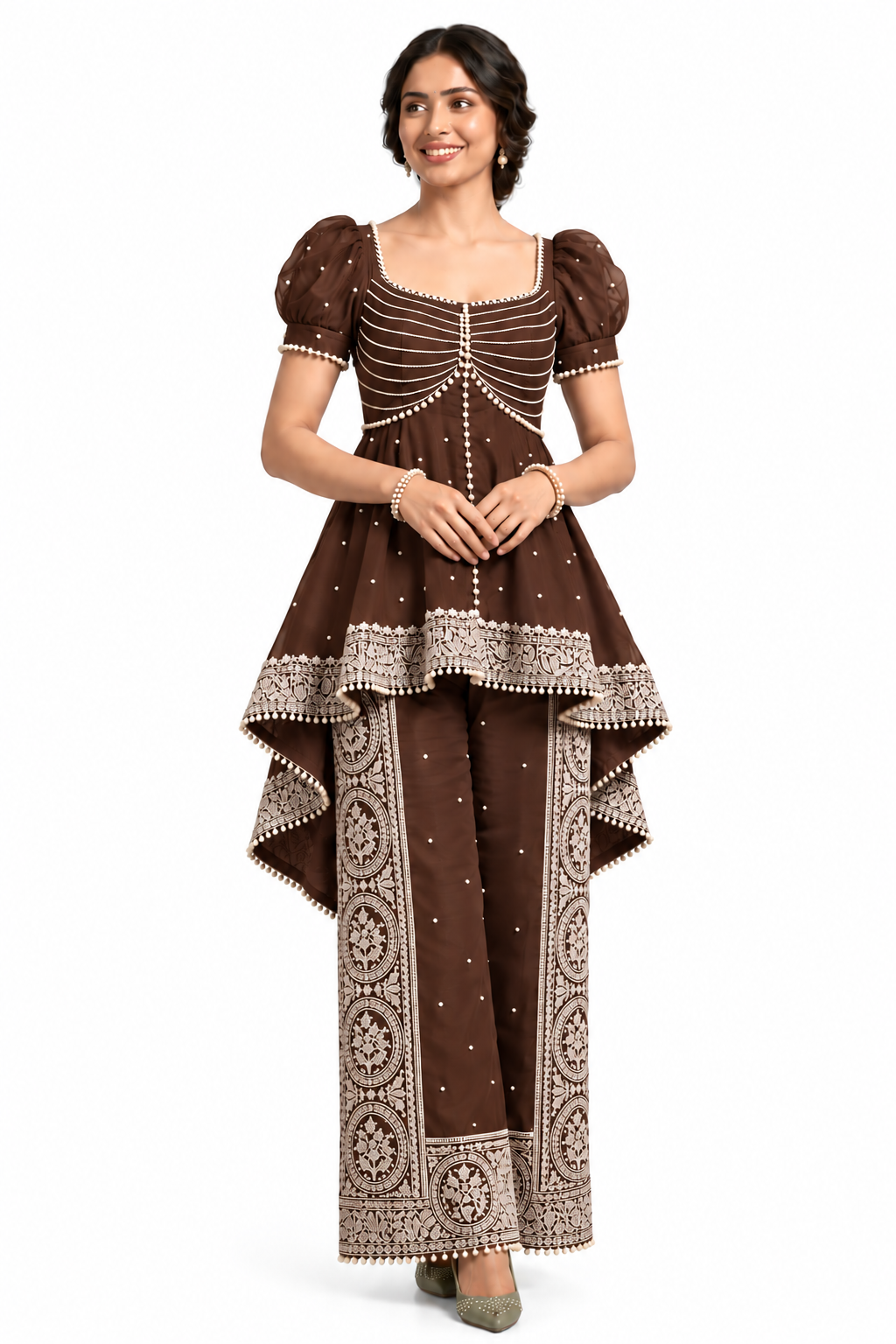 Women’s Embroidered Peplum Top & Printed Palazzo Set