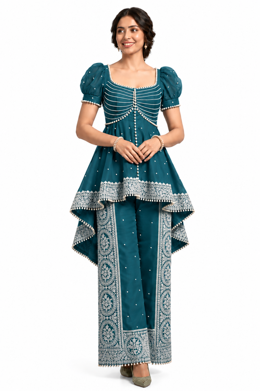 Women’s Embroidered Peplum Top & Printed Palazzo Set