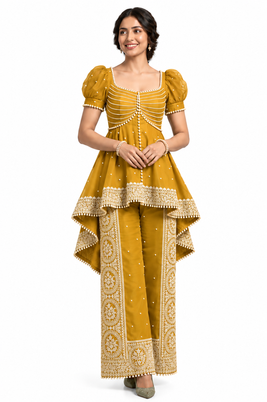 Women’s Embroidered Peplum Top & Printed Palazzo Set