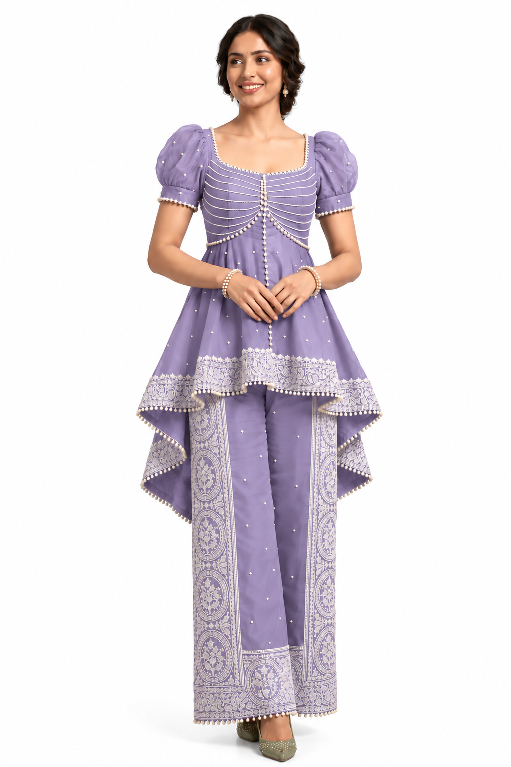 Women’s Embroidered Peplum Top & Printed Palazzo Set