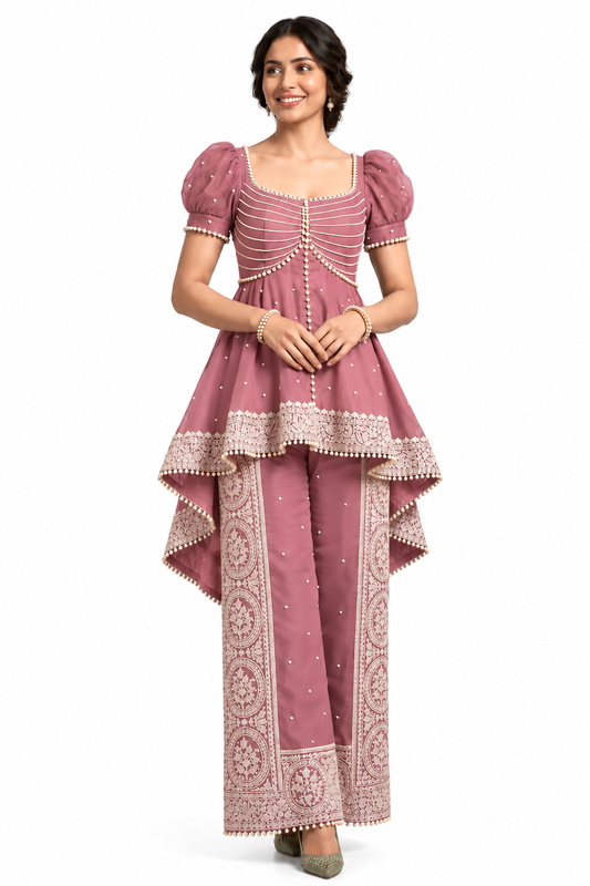 Women’s Embroidered Peplum Top & Printed Palazzo Set