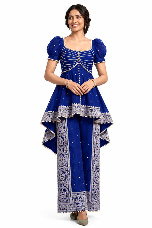 Women’s Embroidered Peplum Top & Printed Palazzo Set